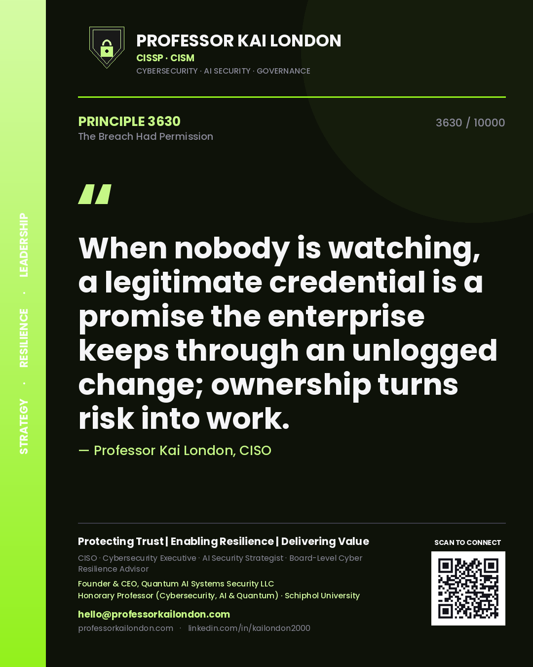 Professor Kai London principle 3630: When nobody is watching, a legitimate credential is a promise the enterprise keeps through an unlogged change; ownership turns risk into work.