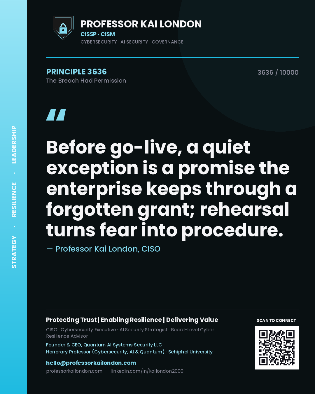 Professor Kai London principle 3636: Before go-live, a quiet exception is a promise the enterprise keeps through a forgotten grant; rehearsal turns fear into procedure.