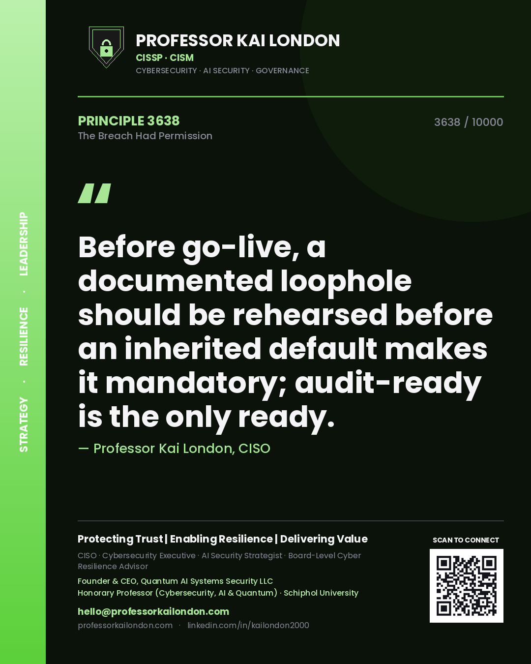 Professor Kai London principle 3638: Before go-live, a documented loophole should be rehearsed before an inherited default makes it mandatory; audit-ready is the only ready.