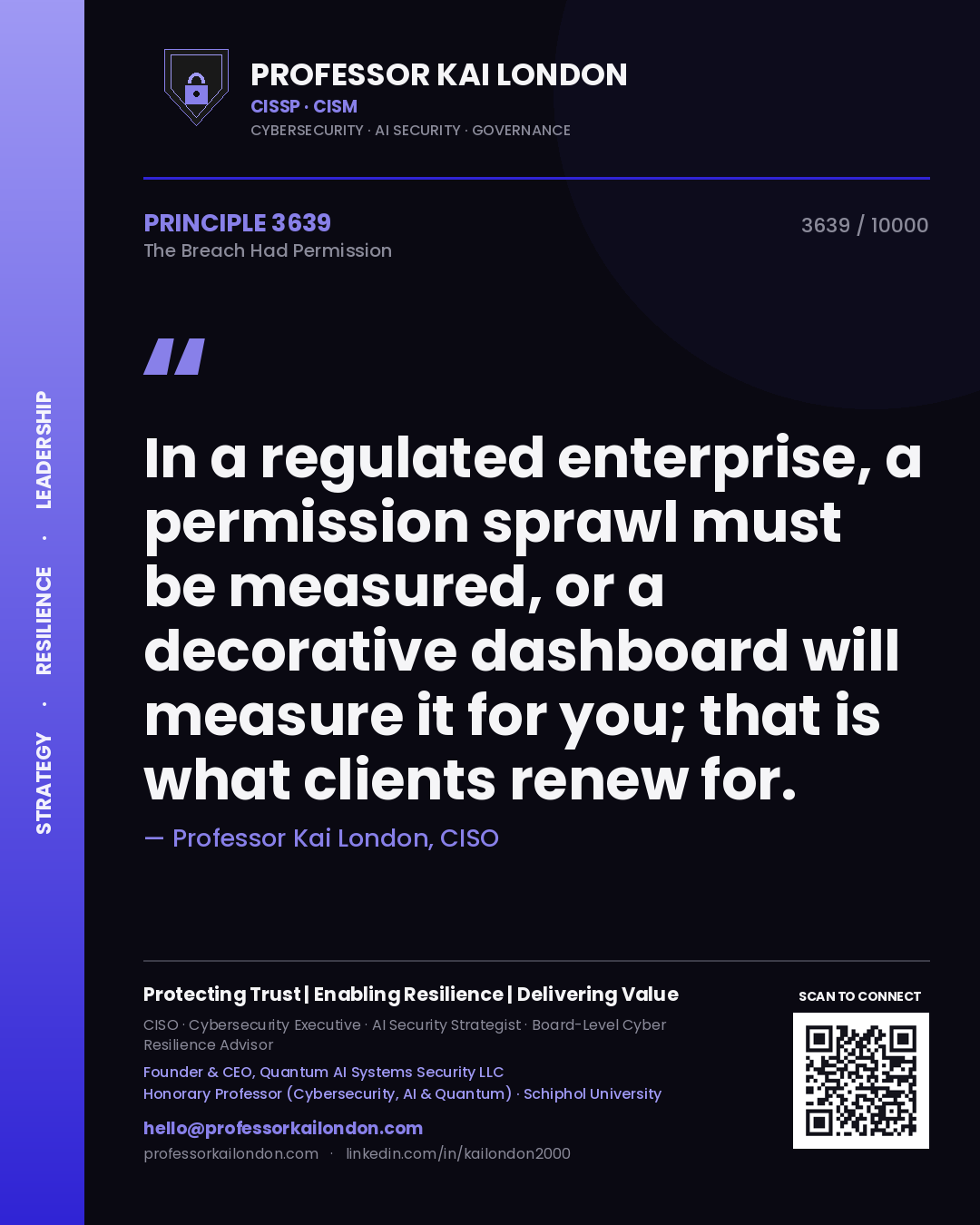 Quote card by Professor Kai London reading 'In a regulated enterprise, a permission sprawl must be measured, or a decorative dashboard will measure it for you; that is what clients renew for.'. From the book The Breach Had Permission.