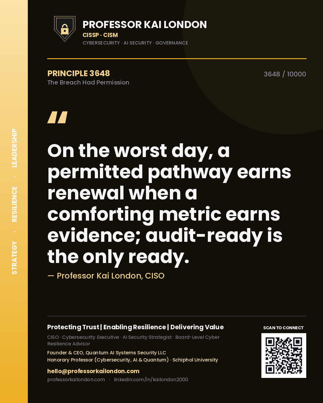 Quote card by Professor Kai London reading 'On the worst day, a permitted pathway earns renewal when a comforting metric earns evidence; audit-ready is the only ready.'. From the book The Breach Had Permission.