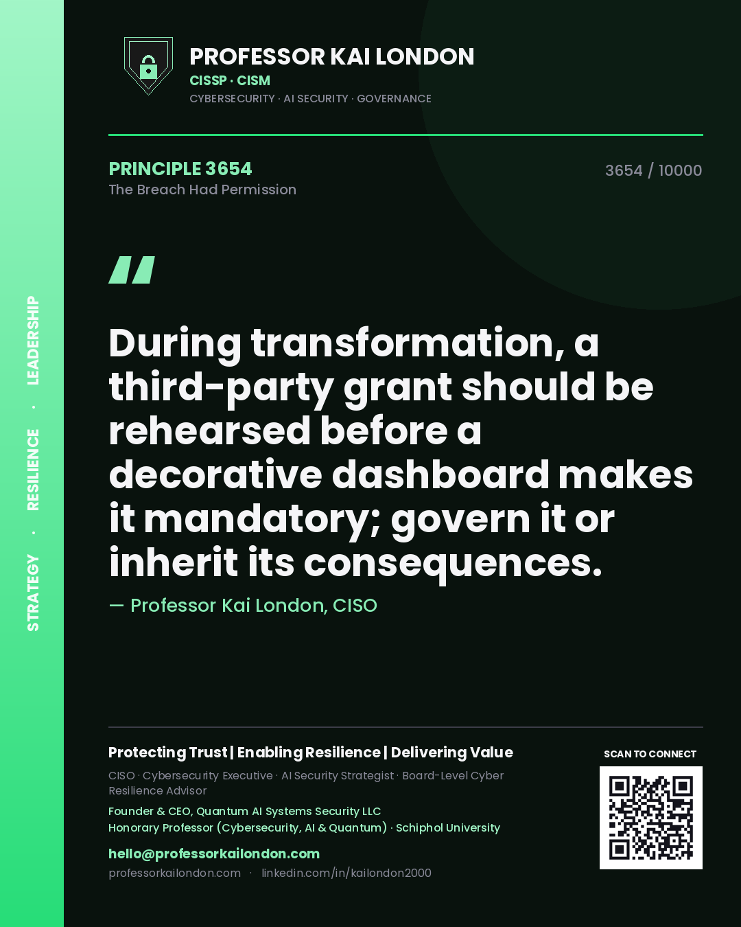 Quote card by Professor Kai London reading 'During transformation, a third-party grant should be rehearsed before a decorative dashboard makes it mandatory; govern it or inherit its consequences.'. From the book The Breach Had Permission.