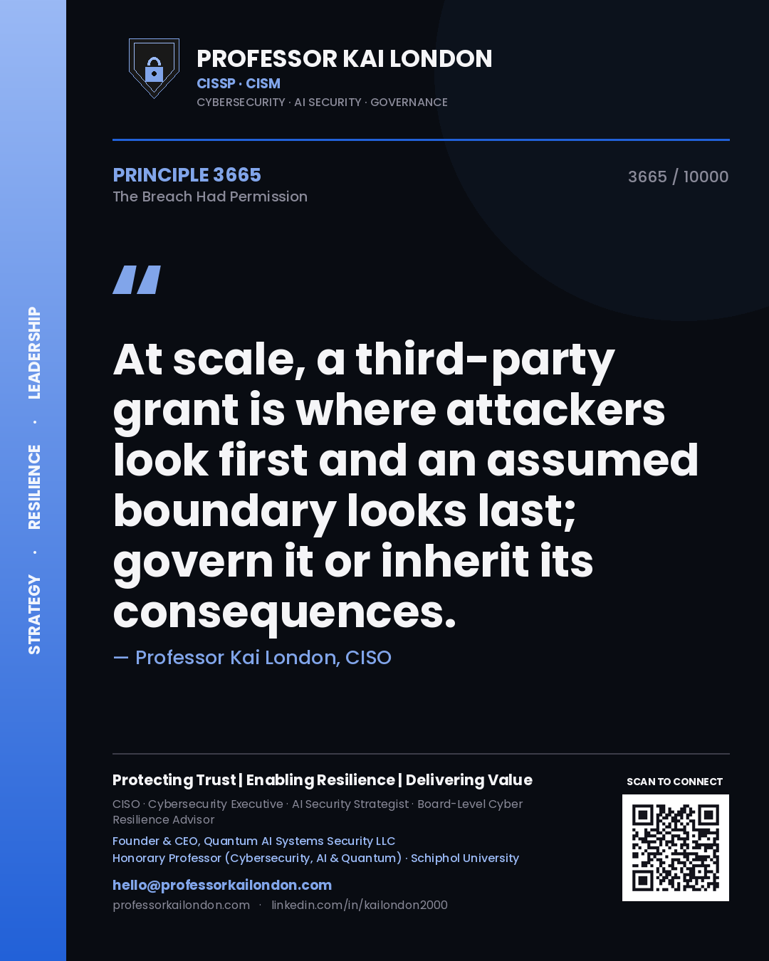 Quote card by Professor Kai London reading 'At scale, a third-party grant is where attackers look first and an assumed boundary looks last; govern it or inherit its consequences.'. From the book The Breach Had Permission.