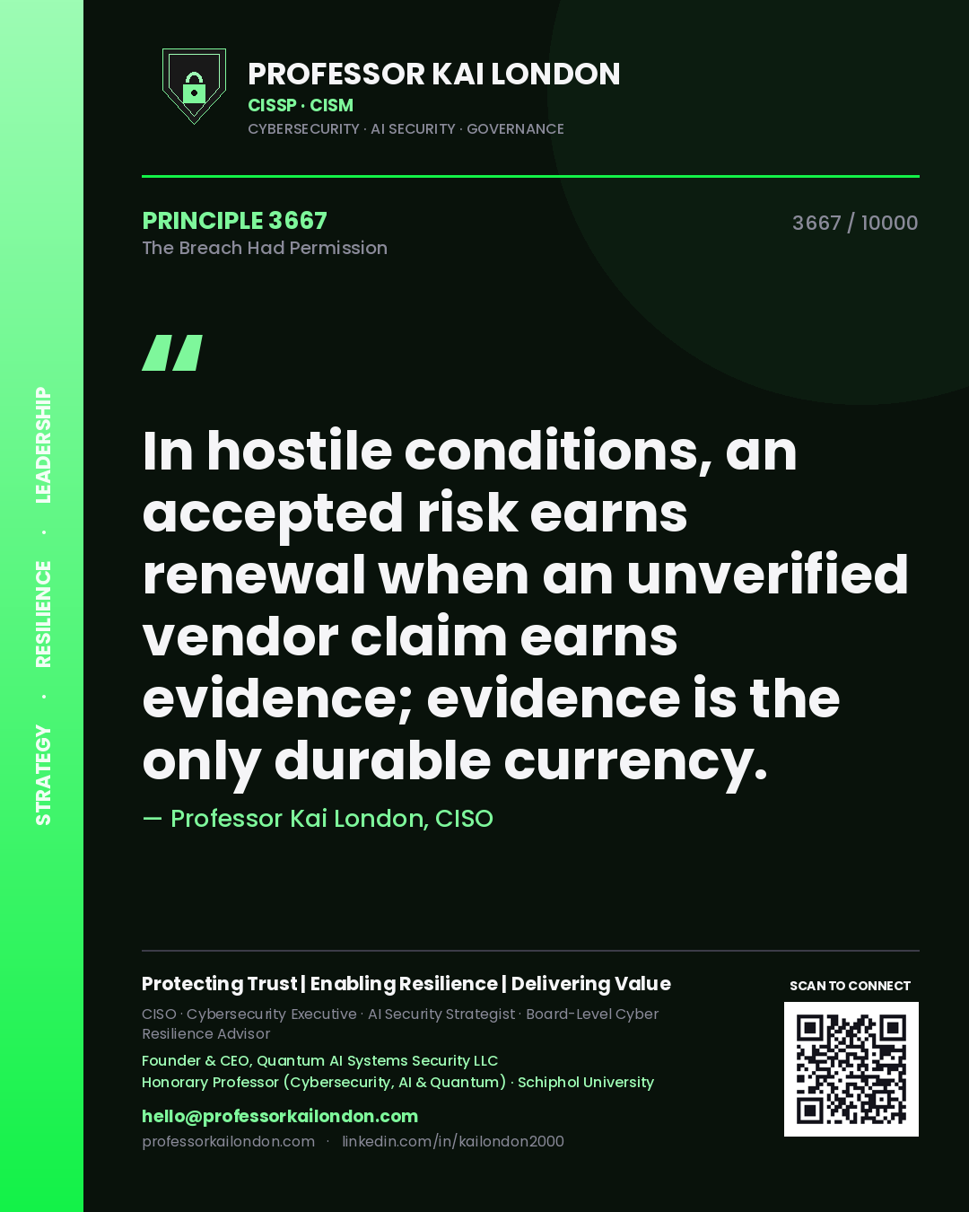 Quote card by Professor Kai London reading 'In hostile conditions, an accepted risk earns renewal when an unverified vendor claim earns evidence; evidence is the only durable currency.'. From the book The Breach Had Permission.