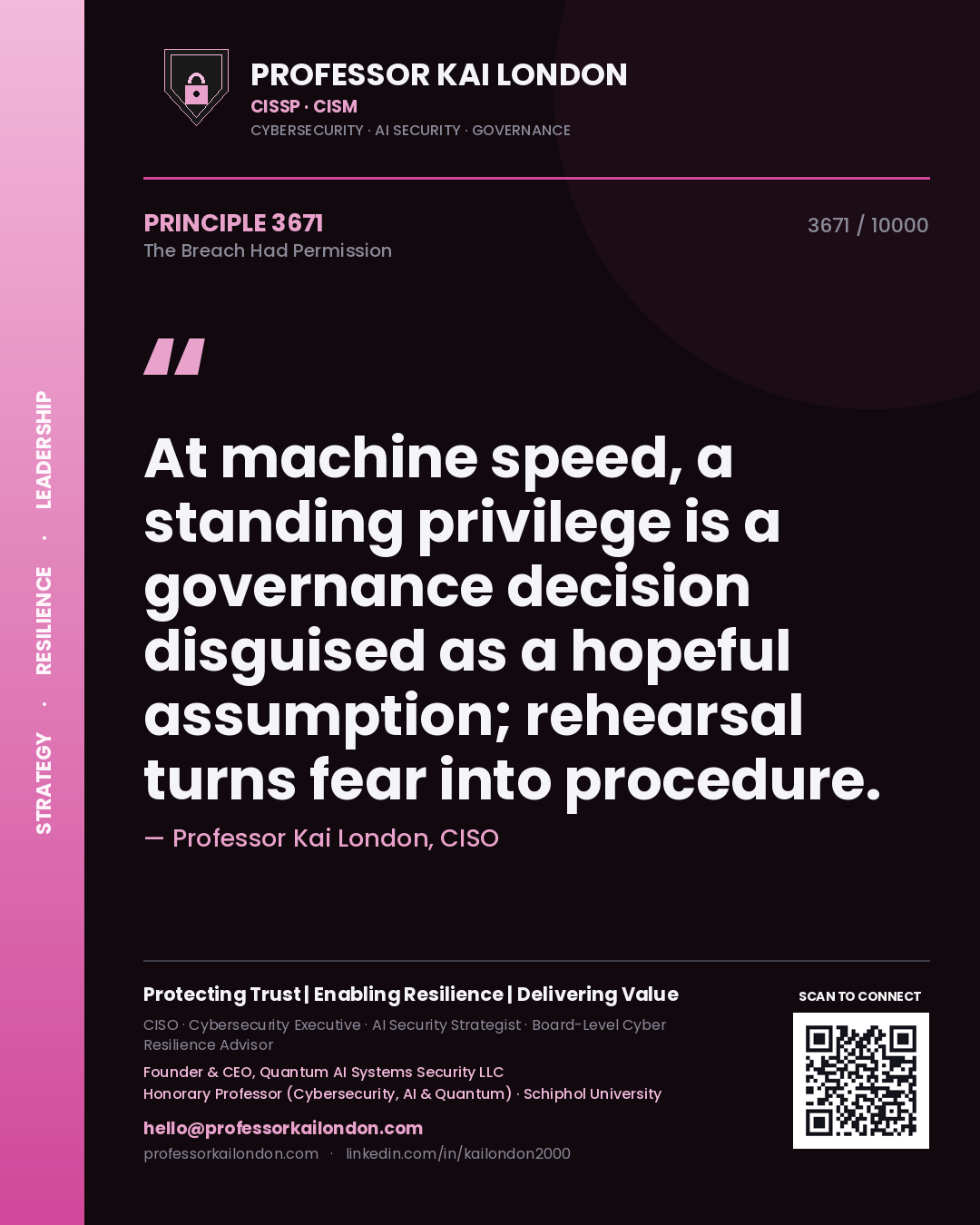 Professor Kai London principle 3671: At machine speed, a standing privilege is a governance decision disguised as a hopeful assumption; rehearsal turns fear into procedure.