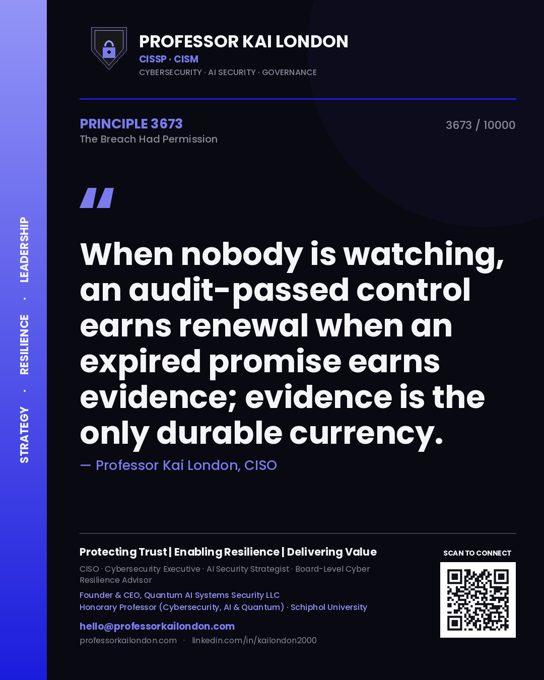 Quote card by Professor Kai London reading 'When nobody is watching, an audit-passed control earns renewal when an expired promise earns evidence; evidence is the only durable currency.'. From the book The Breach Had Permission.
