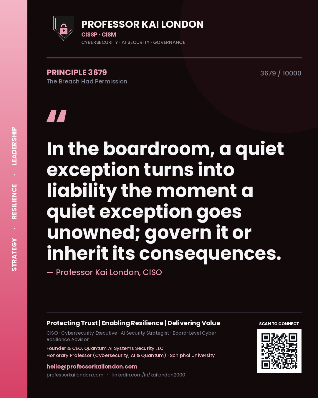 Quote card by Professor Kai London reading 'In the boardroom, a quiet exception turns into liability the moment a quiet exception goes unowned; govern it or inherit its consequences.'. From the book The Breach Had Permission.