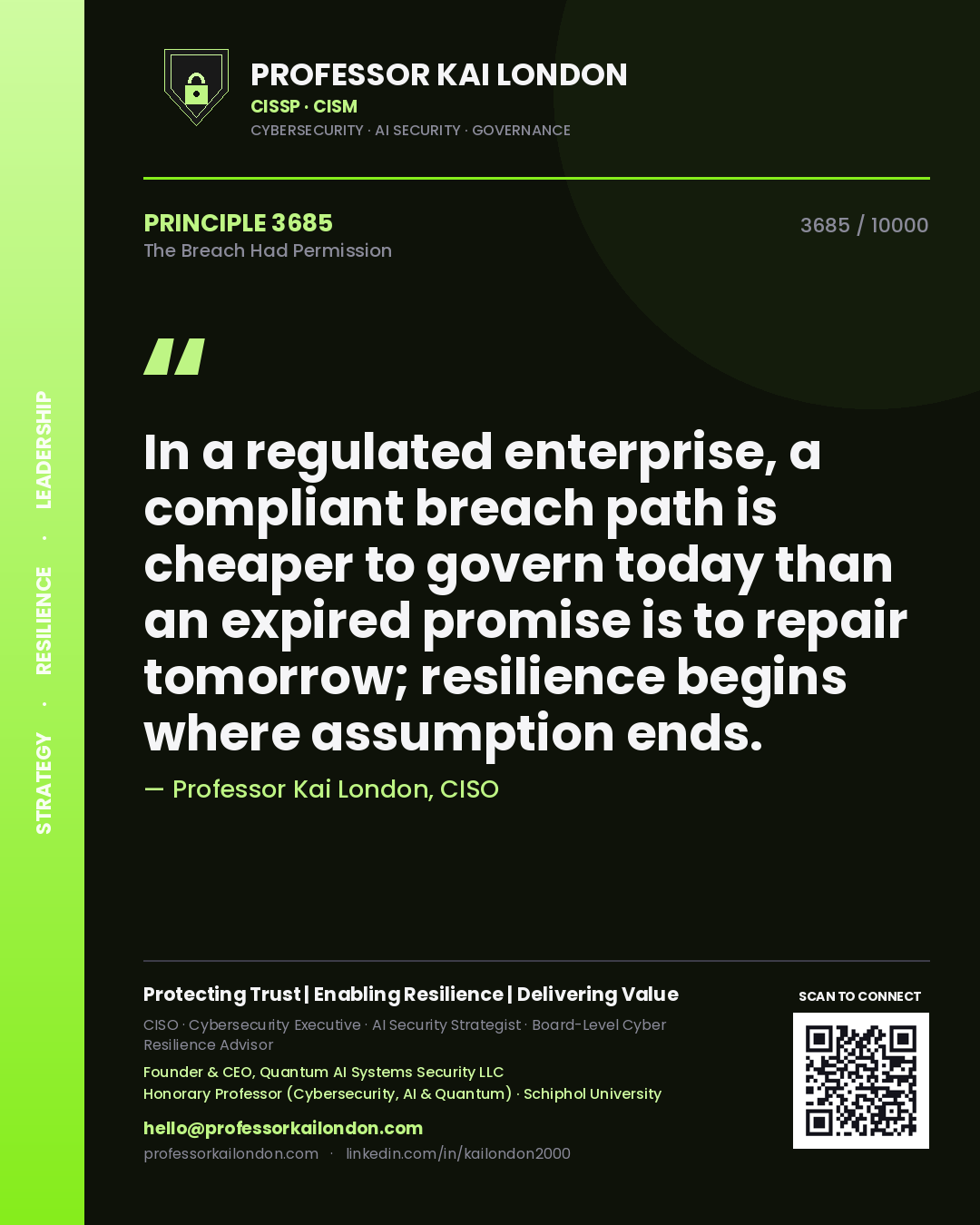 Quote card by Professor Kai London reading 'In a regulated enterprise, a compliant breach path is cheaper to govern today than an expired promise is to repair tomorrow; resilience begins where assumption ends.'. From the book The Breach Had Permission.