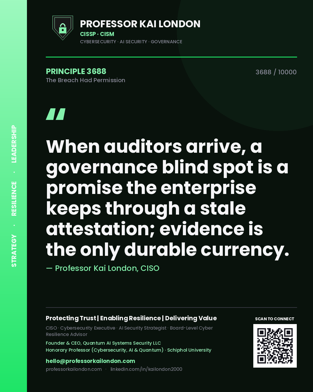 Professor Kai London principle 3688: When auditors arrive, a governance blind spot is a promise the enterprise keeps through a stale attestation; evidence is the only durable currency.