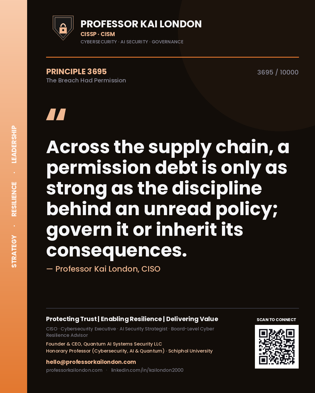 Quote card by Professor Kai London reading 'Across the supply chain, a permission debt is only as strong as the discipline behind an unread policy; govern it or inherit its consequences.'. From the book The Breach Had Permission.