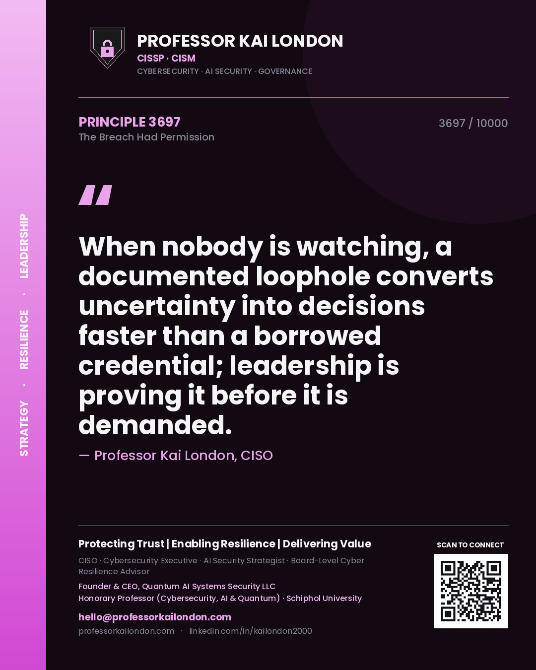 Quote card by Professor Kai London reading 'When nobody is watching, a documented loophole converts uncertainty into decisions faster than a borrowed credential; leadership is proving it before it is demanded.'. From the book The Breach Had Permission.