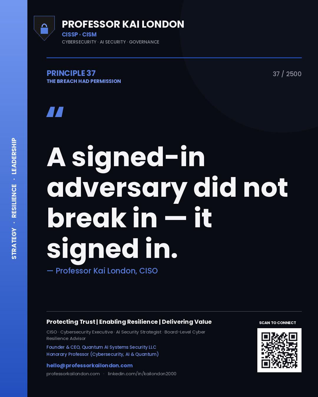 Quote card by Professor Kai London reading 'A signed-in adversary did not break in — it signed in.'. From the book The Breach Had Permission.