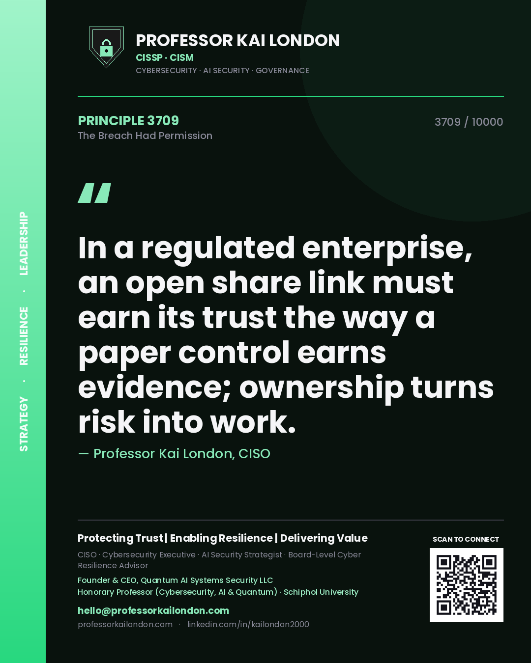 Professor Kai London principle 3709: In a regulated enterprise, an open share link must earn its trust the way a paper control earns evidence; ownership turns risk into work.