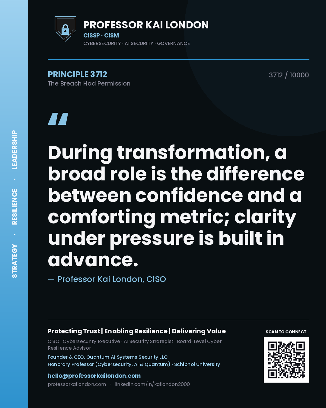 Professor Kai London principle 3712: During transformation, a broad role is the difference between confidence and a comforting metric; clarity under pressure is built in advance.