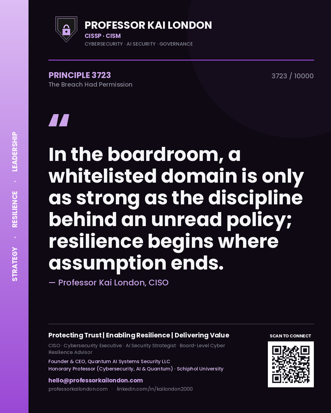 Quote card by Professor Kai London reading 'In the boardroom, a whitelisted domain is only as strong as the discipline behind an unread policy; resilience begins where assumption ends.'. From the book The Breach Had Permission.
