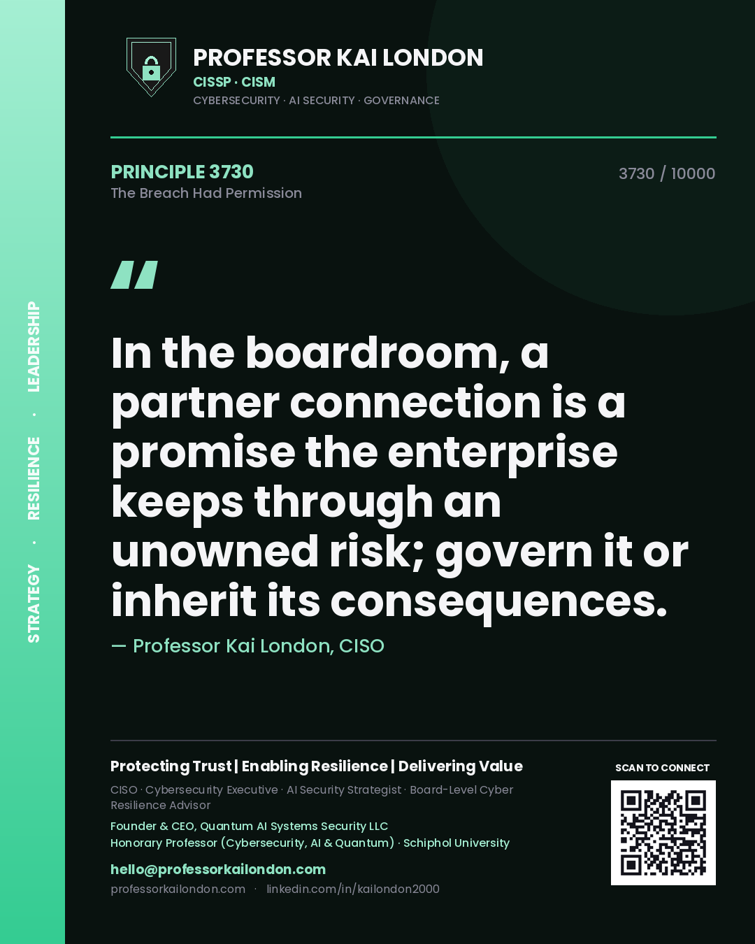 Quote card by Professor Kai London reading 'In the boardroom, a partner connection is a promise the enterprise keeps through an unowned risk; govern it or inherit its consequences.'. From the book The Breach Had Permission.