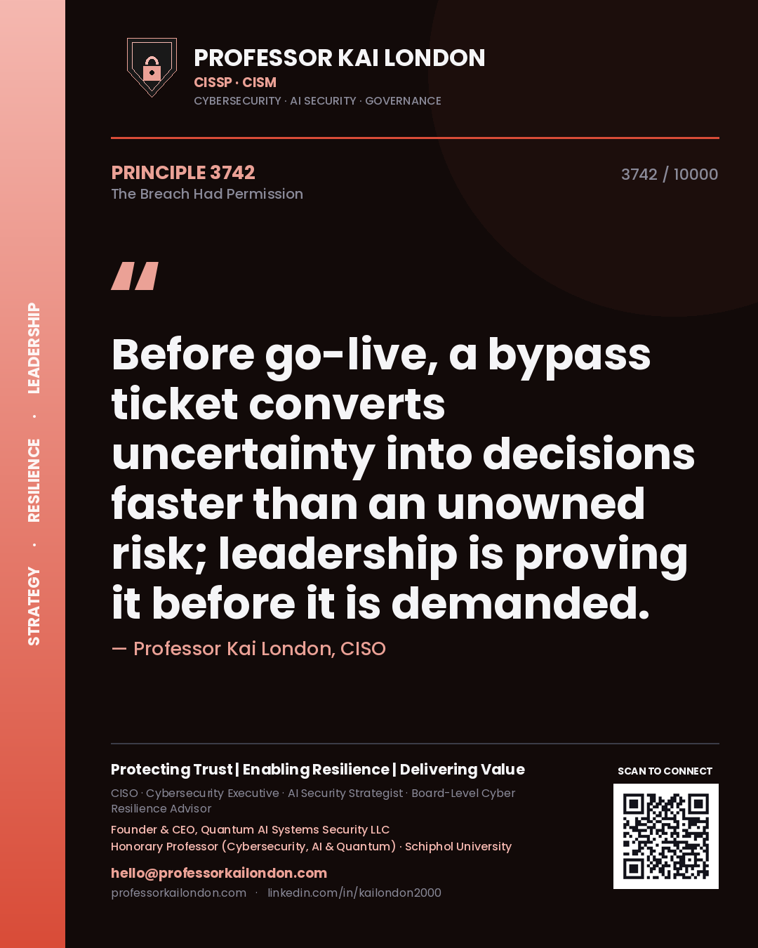 Quote card by Professor Kai London reading 'Before go-live, a bypass ticket converts uncertainty into decisions faster than an unowned risk; leadership is proving it before it is demanded.'. From the book The Breach Had Permission.
