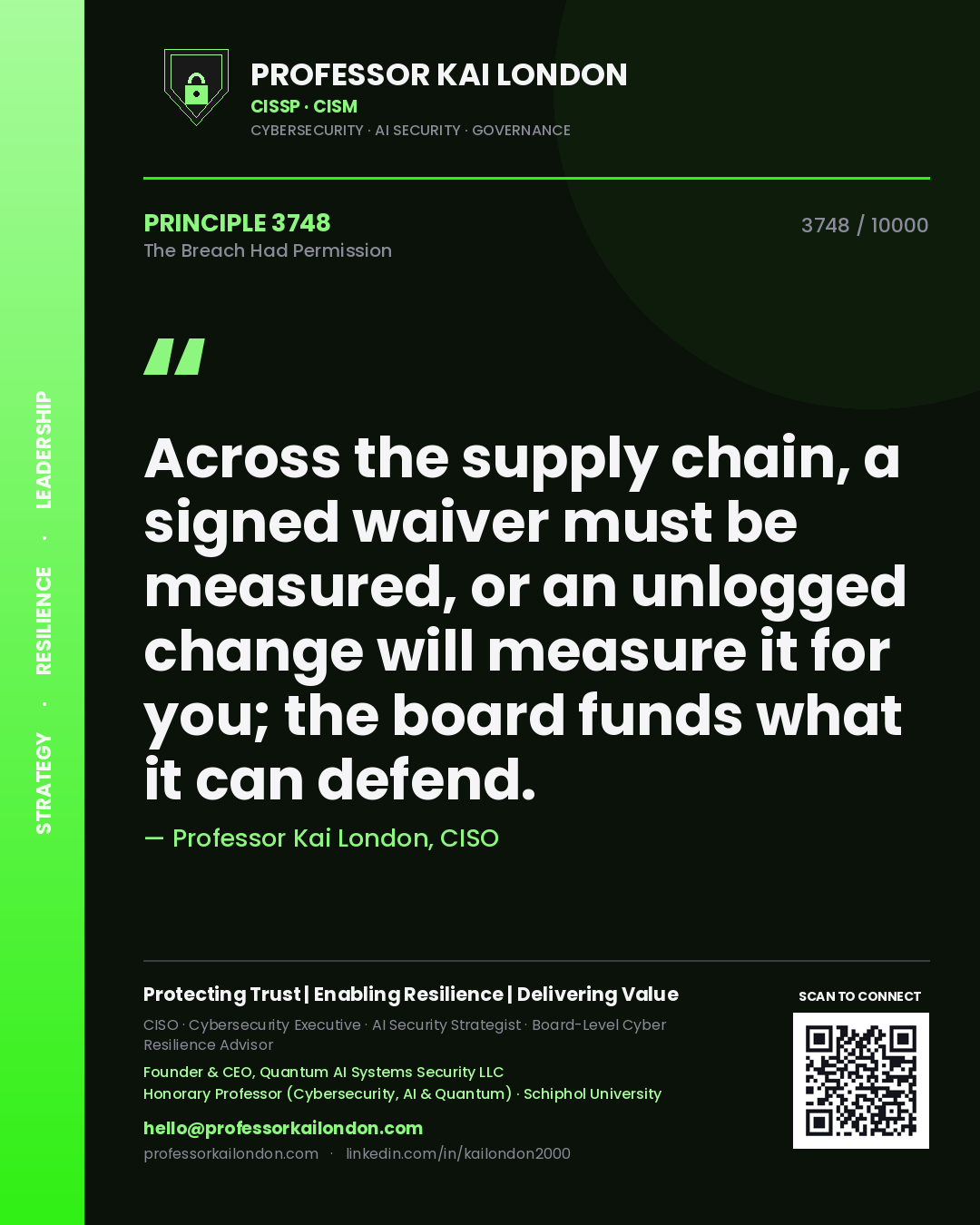 Professor Kai London principle 3748: Across the supply chain, a signed waiver must be measured, or an unlogged change will measure it for you; the board funds what it can defend.