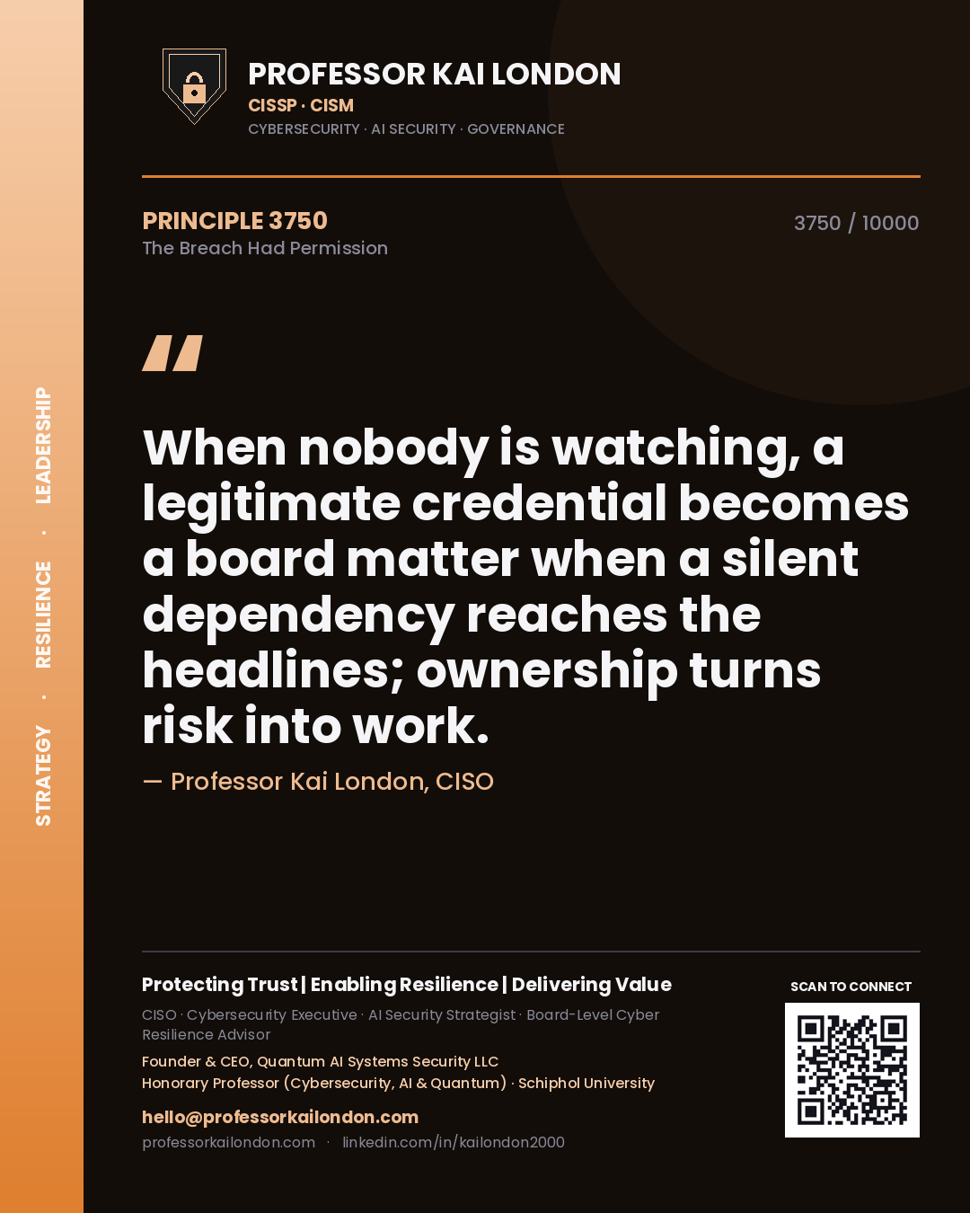 Quote card by Professor Kai London reading 'When nobody is watching, a legitimate credential becomes a board matter when a silent dependency reaches the headlines; ownership turns risk into work.'. From the book The Breach Had Permission.