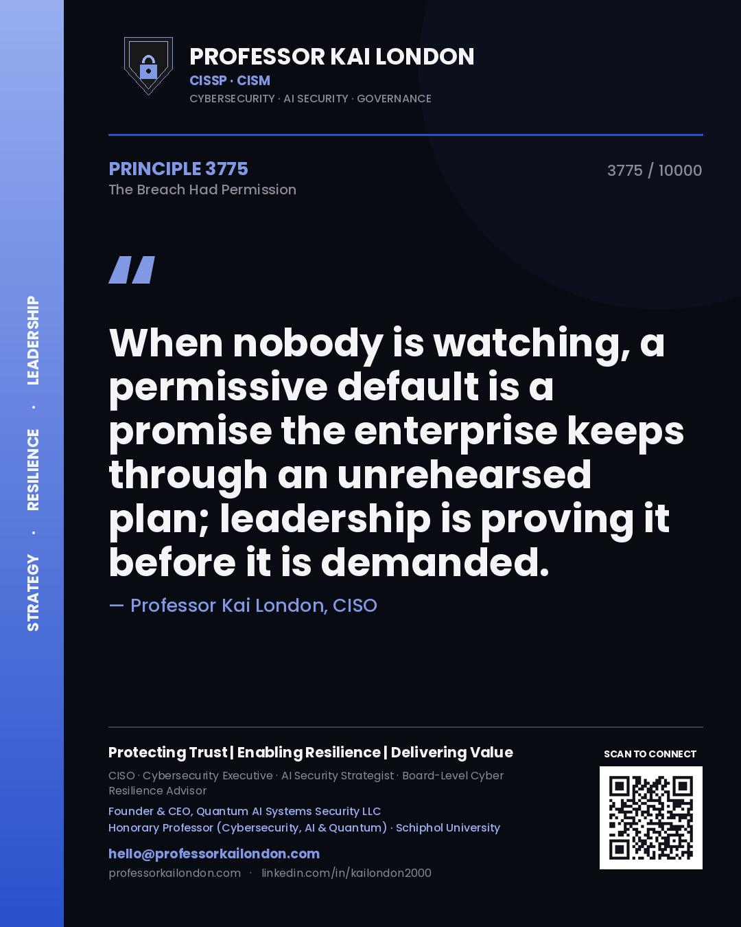 Professor Kai London principle 3775: When nobody is watching, a permissive default is a promise the enterprise keeps through an unrehearsed plan; leadership is proving it before it is demanded.