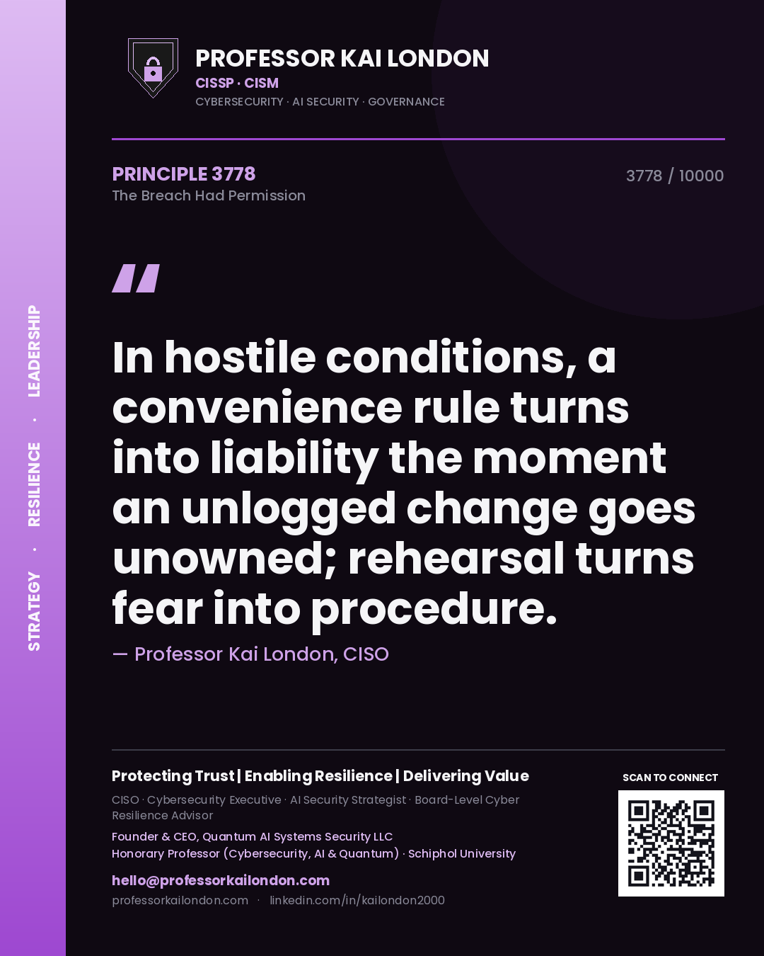 Professor Kai London principle 3778: In hostile conditions, a convenience rule turns into liability the moment an unlogged change goes unowned; rehearsal turns fear into procedure.