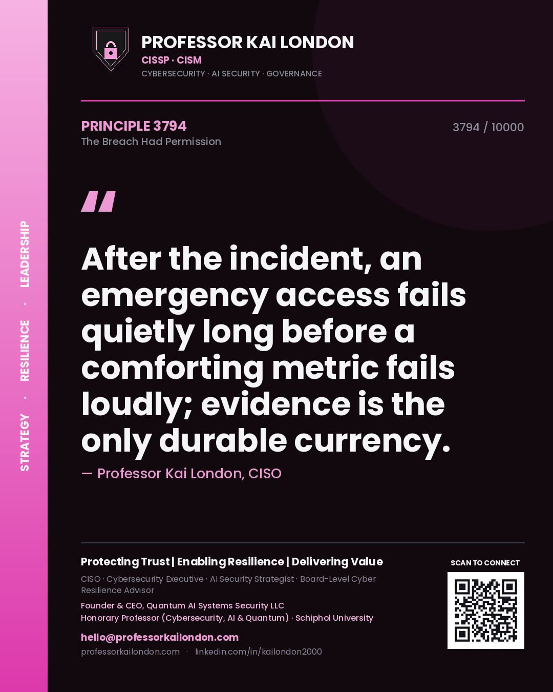 Professor Kai London principle 3794: After the incident, an emergency access fails quietly long before a comforting metric fails loudly; evidence is the only durable currency.