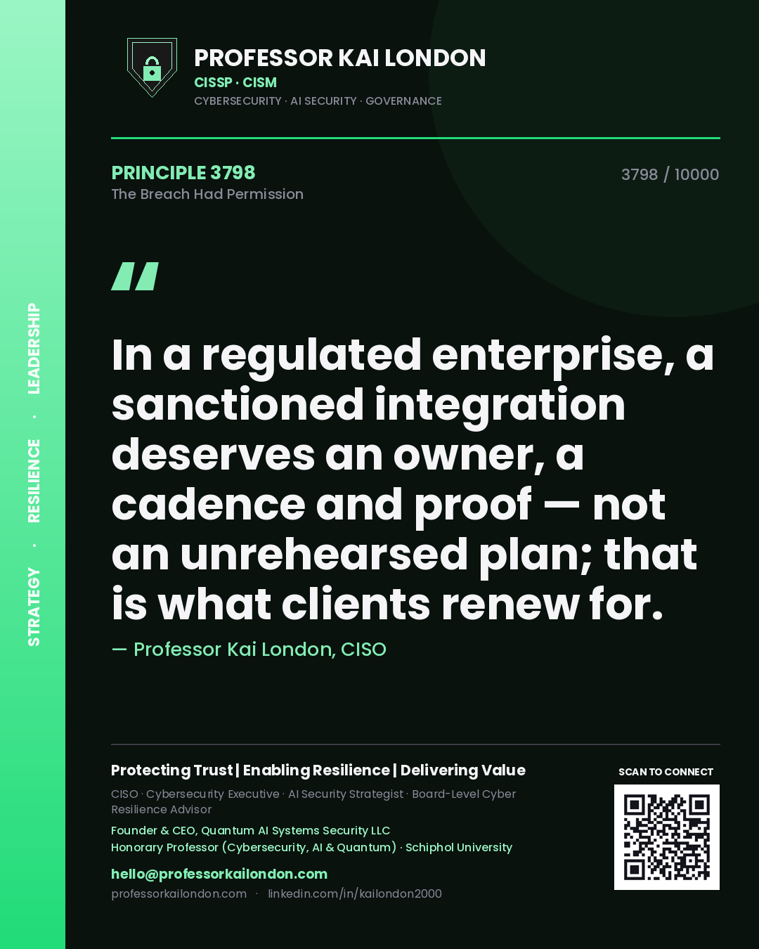 Quote card by Professor Kai London reading 'In a regulated enterprise, a sanctioned integration deserves an owner, a cadence and proof — not an unrehearsed plan; that is what clients renew for.'. From the book The Breach Had Permission.