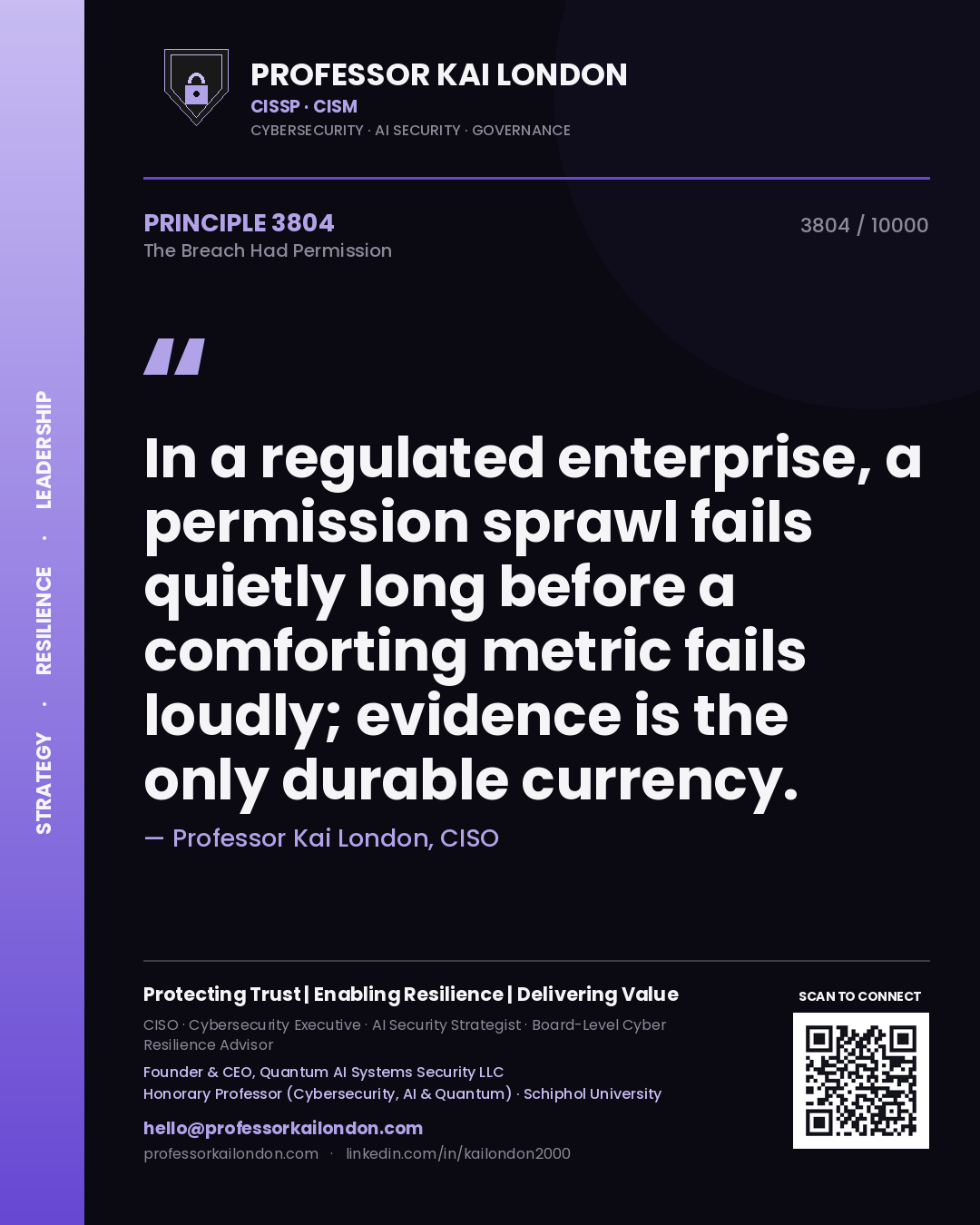 Quote card by Professor Kai London reading 'In a regulated enterprise, a permission sprawl fails quietly long before a comforting metric fails loudly; evidence is the only durable currency.'. From the book The Breach Had Permission.