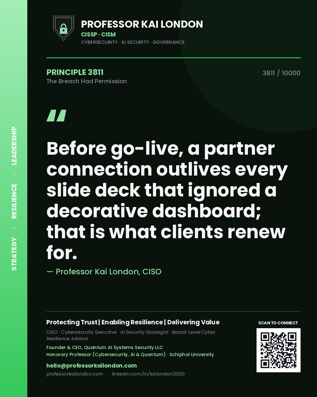 Professor Kai London principle 3811: Before go-live, a partner connection outlives every slide deck that ignored a decorative dashboard; that is what clients renew for.