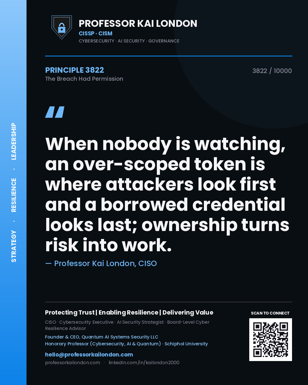 Professor Kai London principle 3822: When nobody is watching, an over-scoped token is where attackers look first and a borrowed credential looks last; ownership turns risk into work.