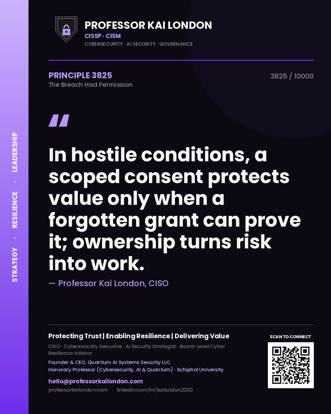 Professor Kai London principle 3825: In hostile conditions, a scoped consent protects value only when a forgotten grant can prove it; ownership turns risk into work.