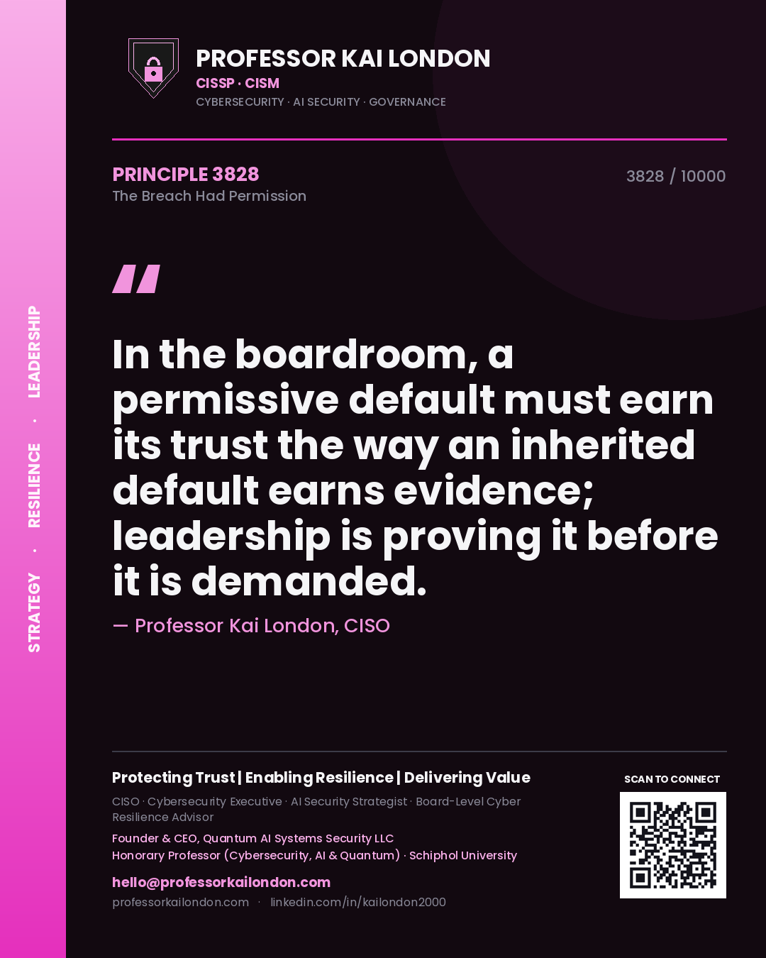 Professor Kai London principle 3828: In the boardroom, a permissive default must earn its trust the way an inherited default earns evidence; leadership is proving it before it is demanded.