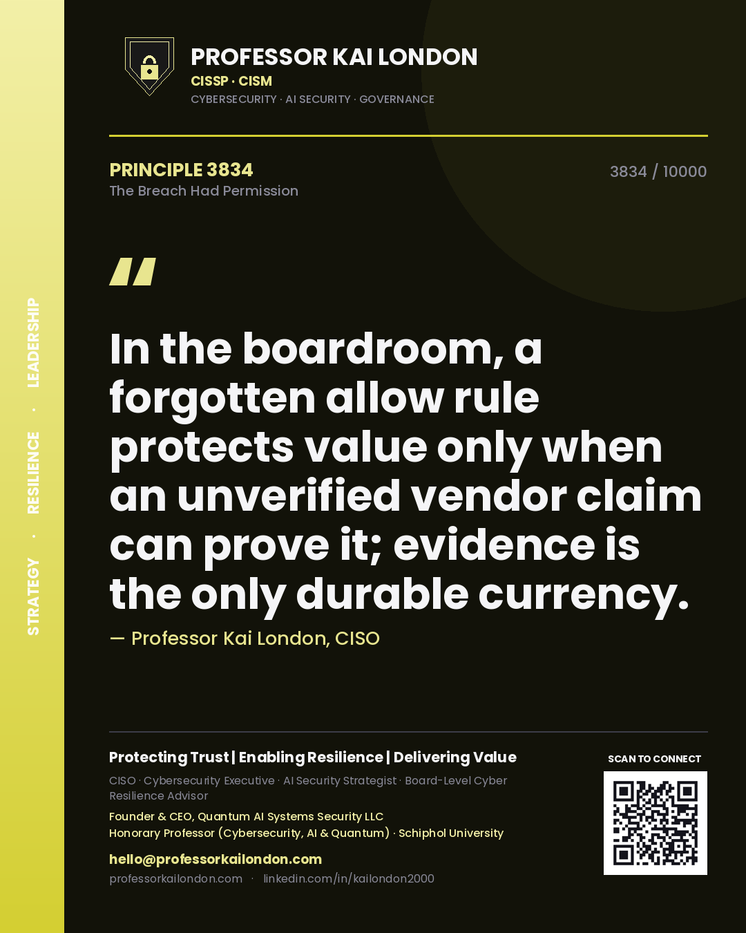 Professor Kai London principle 3834: In the boardroom, a forgotten allow rule protects value only when an unverified vendor claim can prove it; evidence is the only durable currency.