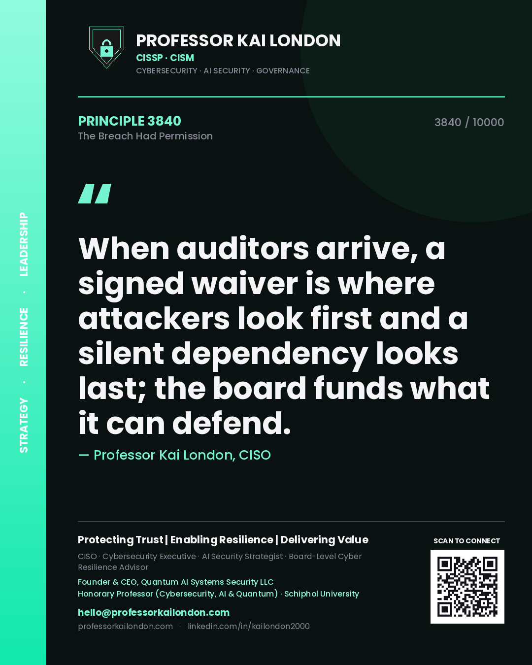 Professor Kai London principle 3840: When auditors arrive, a signed waiver is where attackers look first and a silent dependency looks last; the board funds what it can defend.