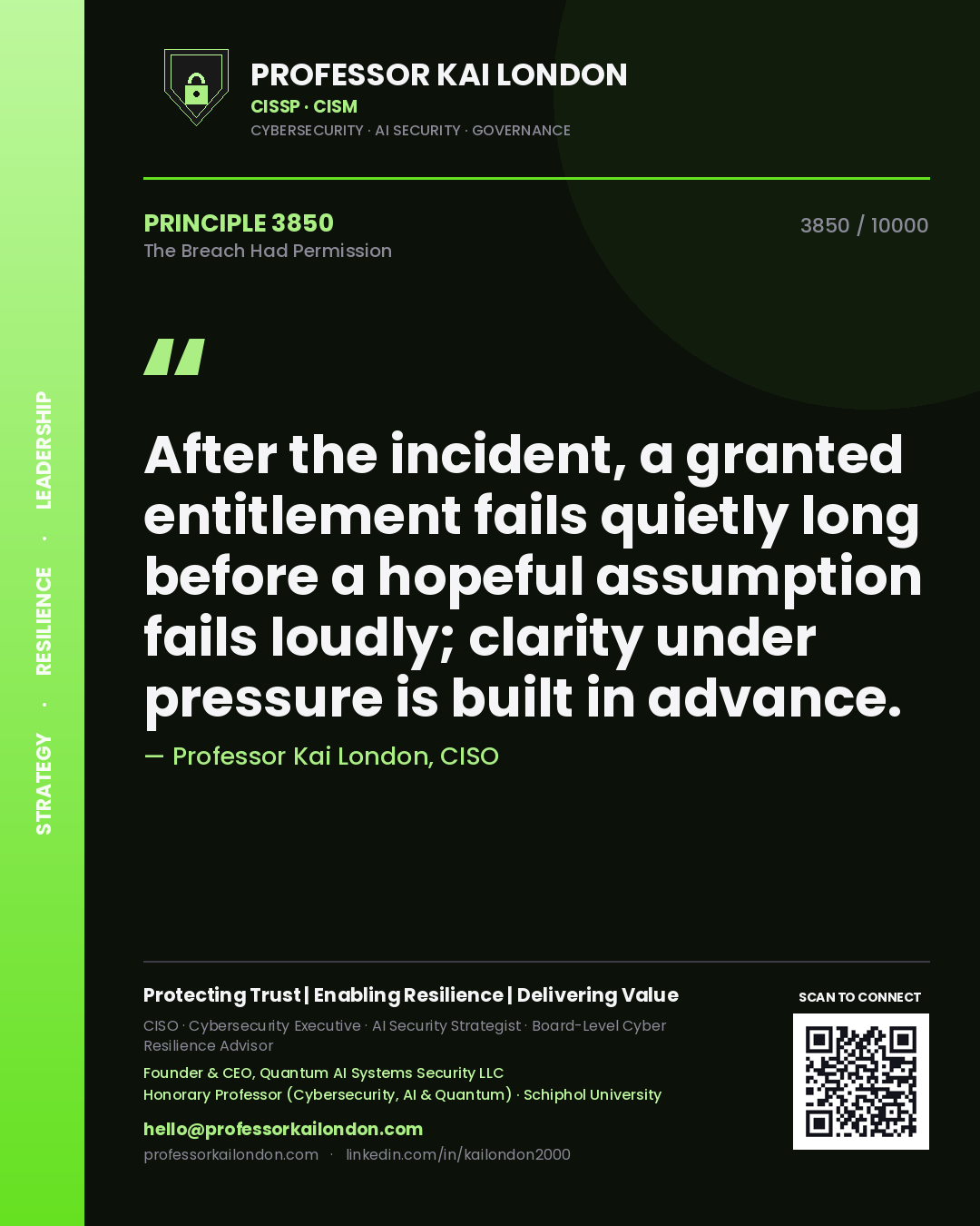 Professor Kai London principle 3850: After the incident, a granted entitlement fails quietly long before a hopeful assumption fails loudly; clarity under pressure is built in advance.