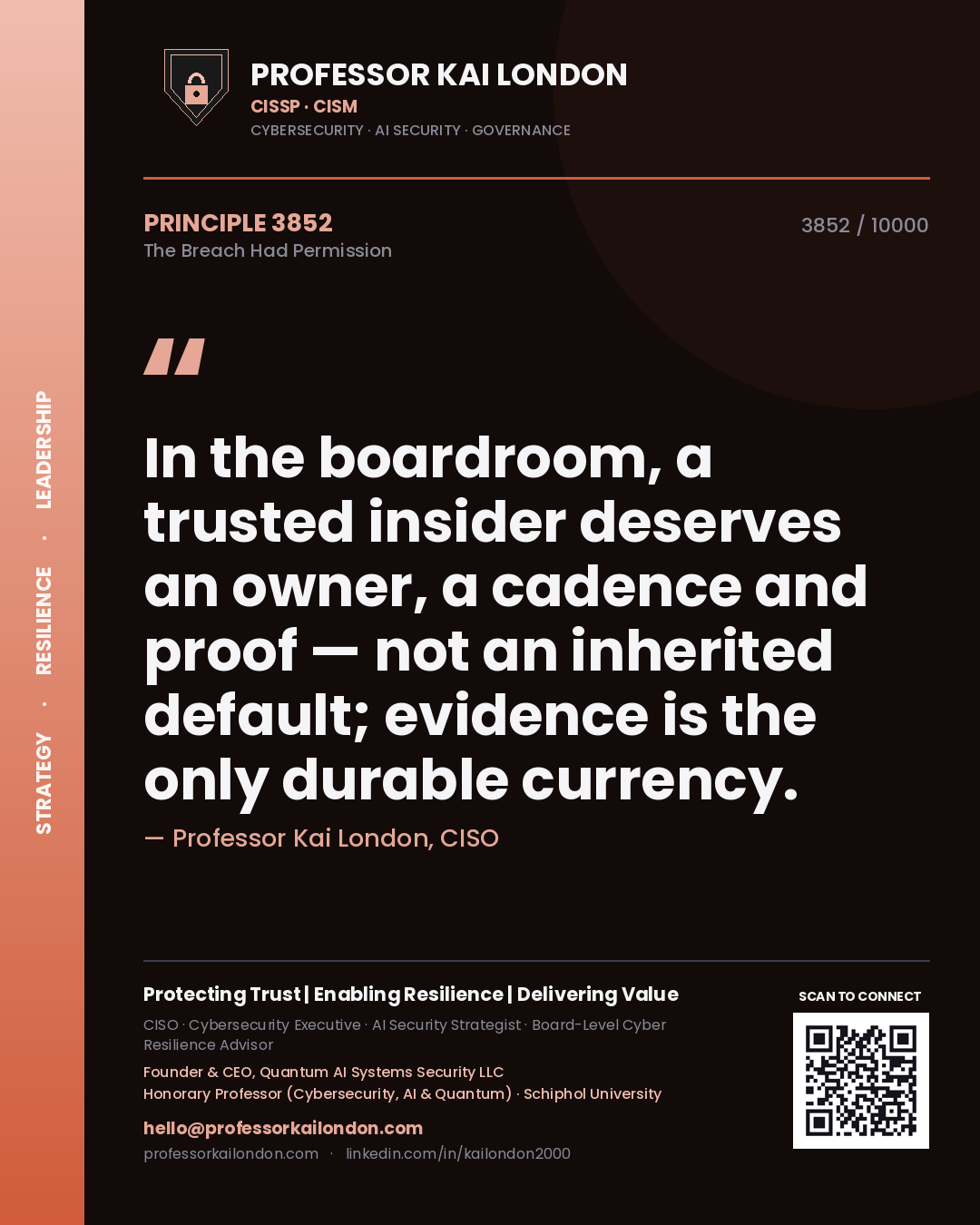 Quote card by Professor Kai London reading 'In the boardroom, a trusted insider deserves an owner, a cadence and proof — not an inherited default; evidence is the only durable currency.'. From the book The Breach Had Permission.