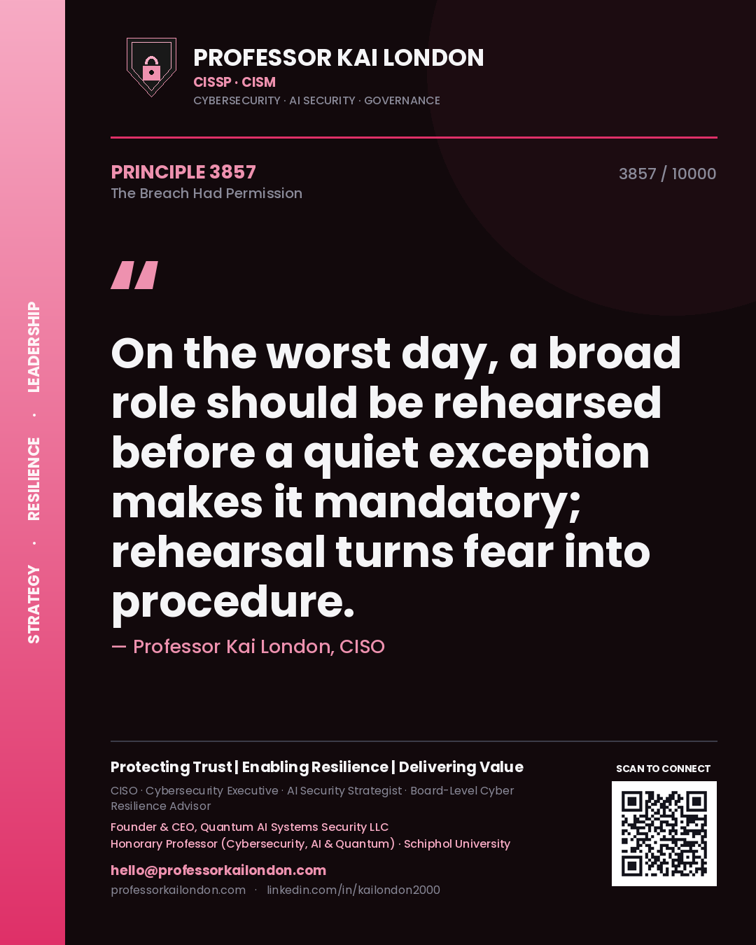Professor Kai London principle 3857: On the worst day, a broad role should be rehearsed before a quiet exception makes it mandatory; rehearsal turns fear into procedure.