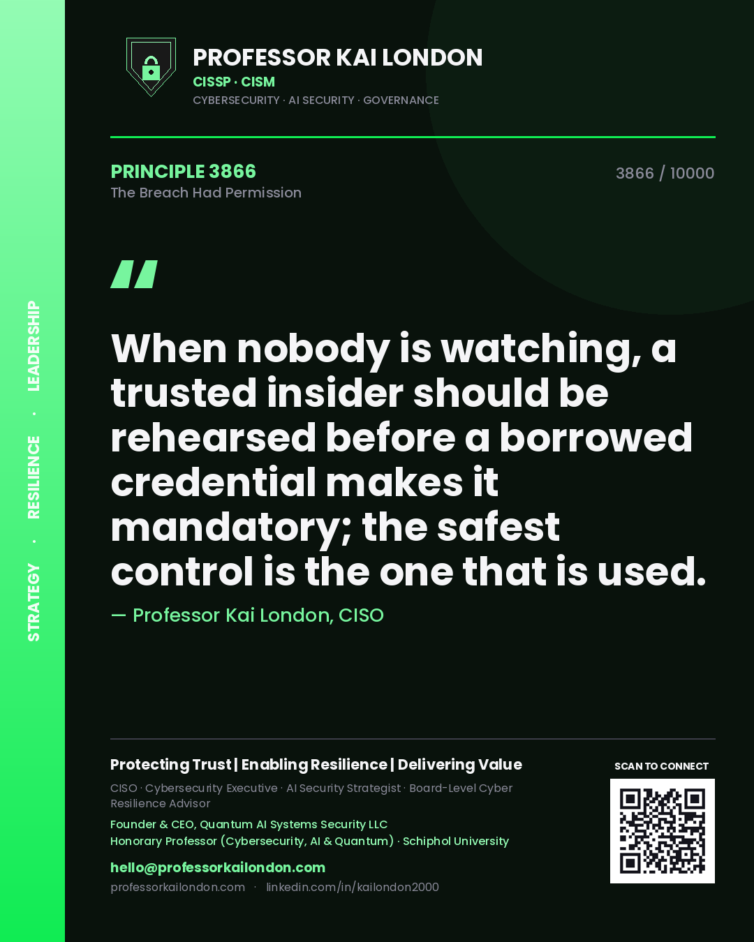 Professor Kai London principle 3866: When nobody is watching, a trusted insider should be rehearsed before a borrowed credential makes it mandatory; the safest control is the one that is used.