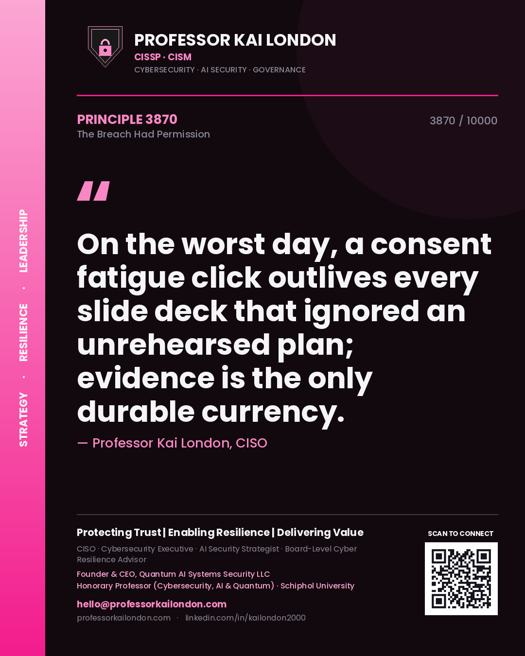 Professor Kai London principle 3870: On the worst day, a consent fatigue click outlives every slide deck that ignored an unrehearsed plan; evidence is the only durable currency.
