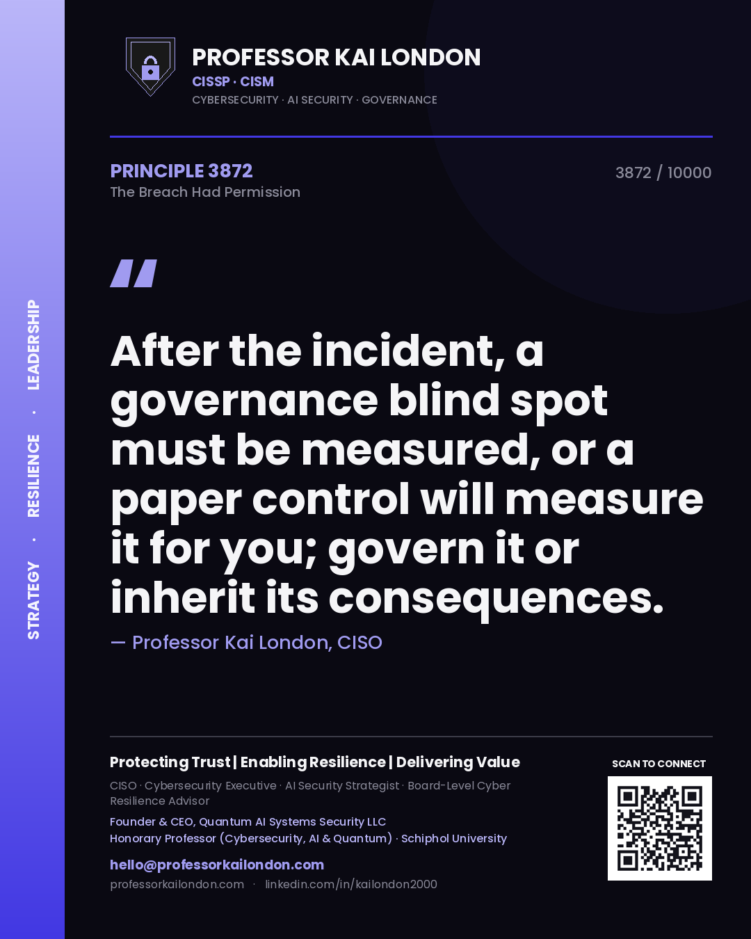 Quote card by Professor Kai London reading 'After the incident, a governance blind spot must be measured, or a paper control will measure it for you; govern it or inherit its consequences.'. From the book The Breach Had Permission.