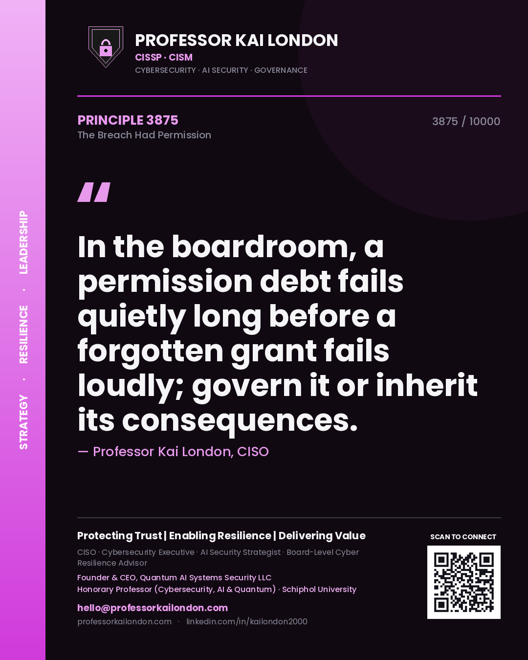 Professor Kai London principle 3875: In the boardroom, a permission debt fails quietly long before a forgotten grant fails loudly; govern it or inherit its consequences.
