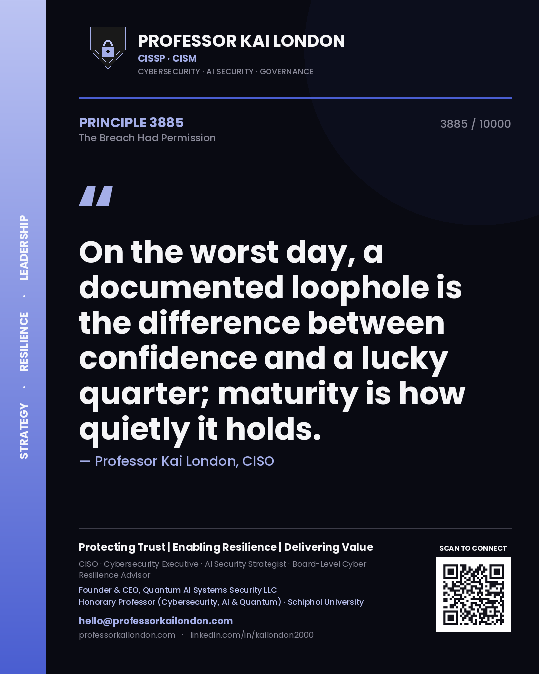 Quote card by Professor Kai London reading 'On the worst day, a documented loophole is the difference between confidence and a lucky quarter; maturity is how quietly it holds.'. From the book The Breach Had Permission.