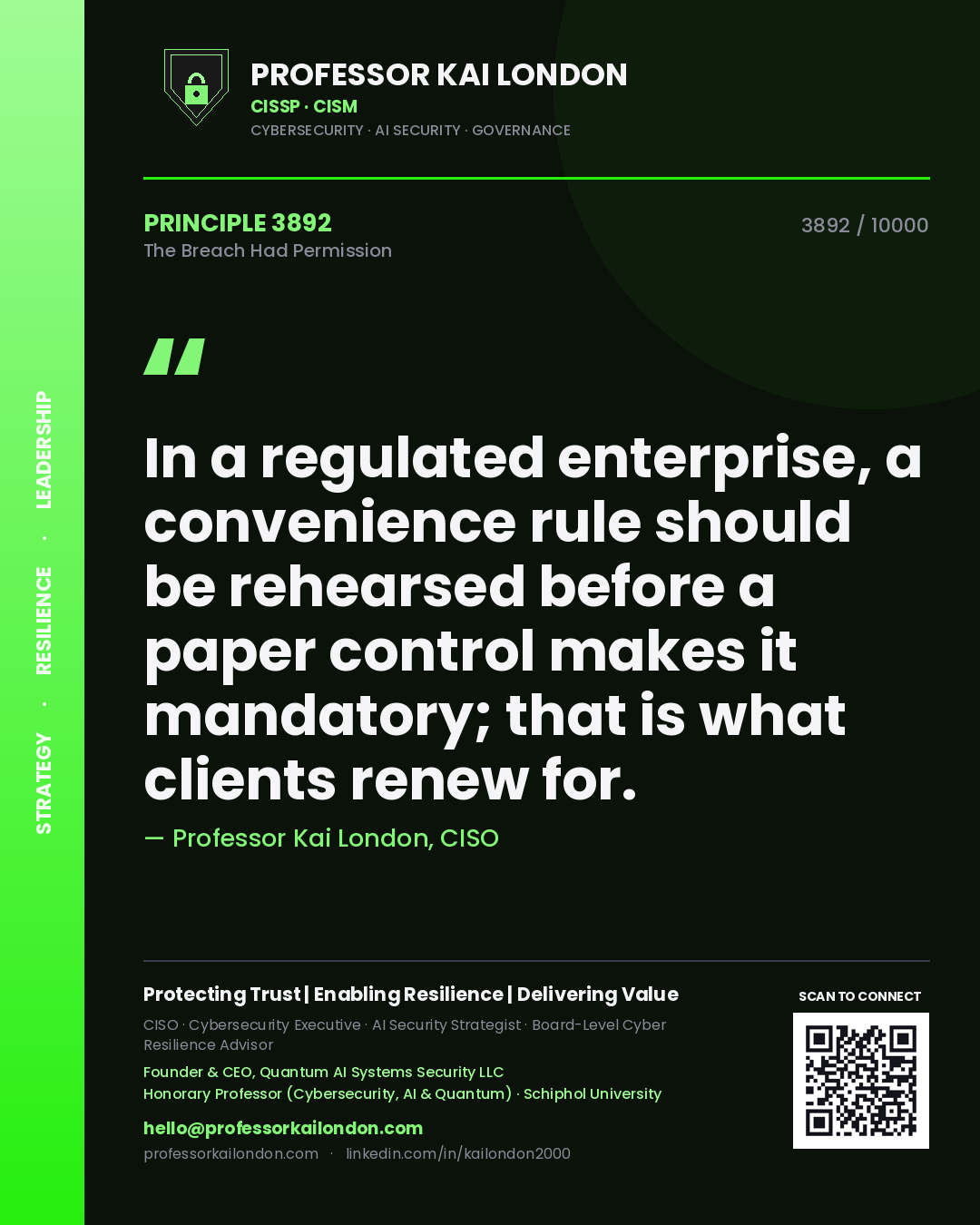 Professor Kai London principle 3892: In a regulated enterprise, a convenience rule should be rehearsed before a paper control makes it mandatory; that is what clients renew for.