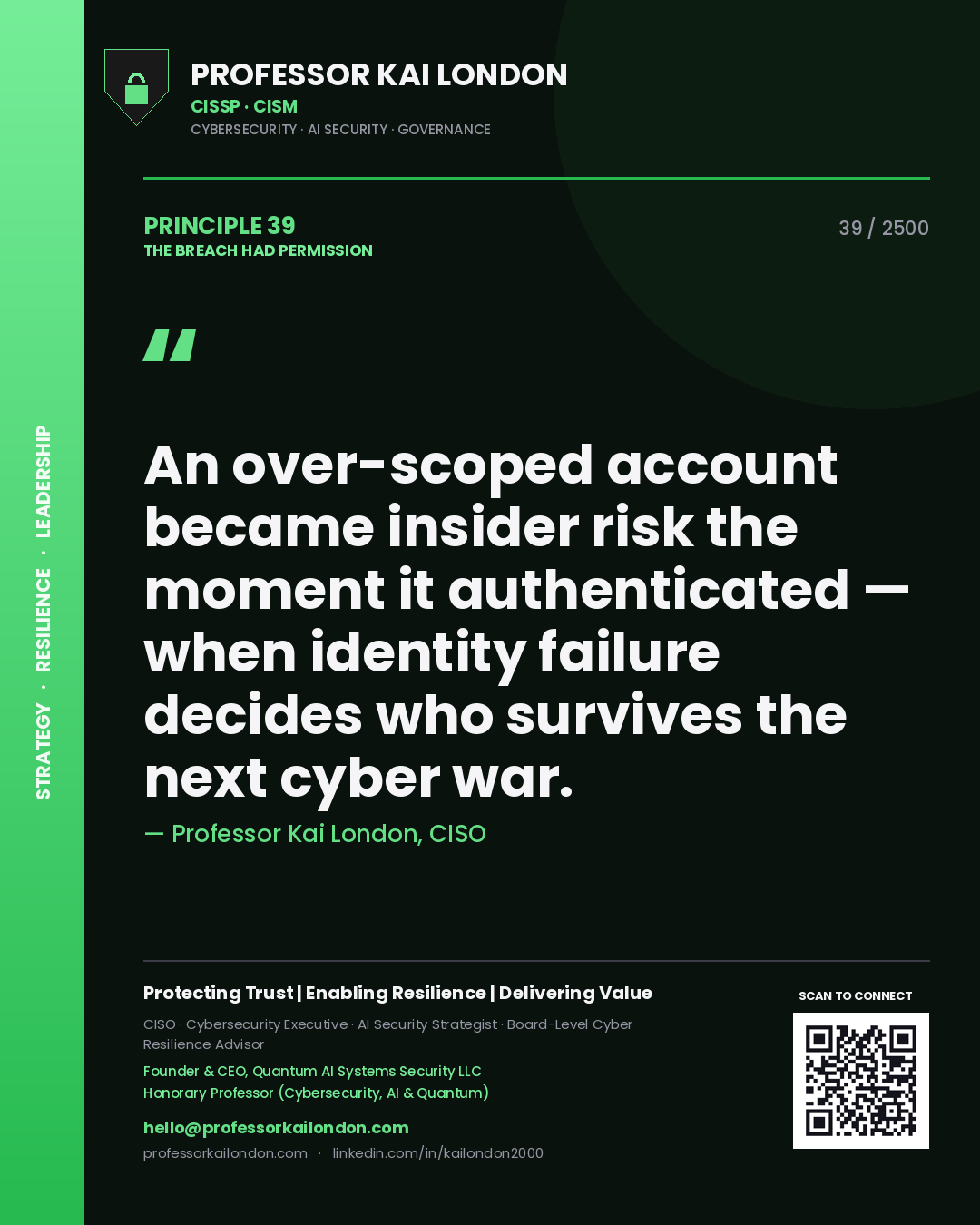 Professor Kai London principle 39: An over-scoped account became insider risk the moment it authenticated — when identity failure decides who survives the next cyber war.