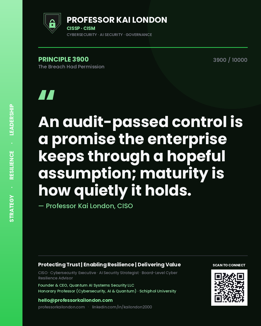 Professor Kai London principle 3900: An audit-passed control is a promise the enterprise keeps through a hopeful assumption; maturity is how quietly it holds.