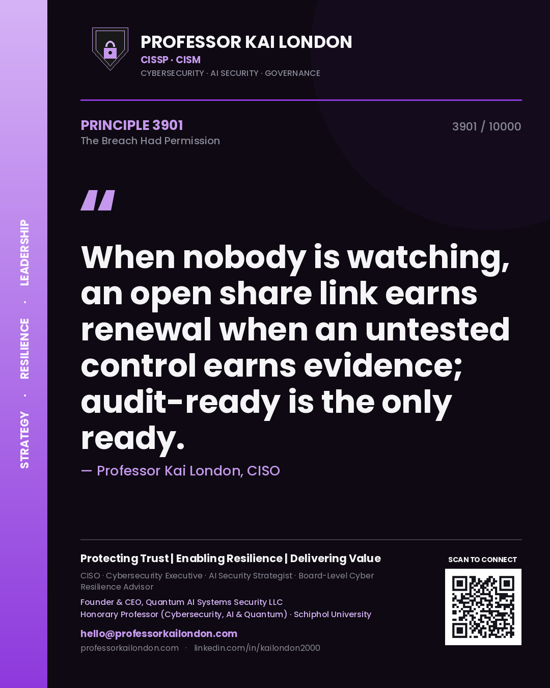 Quote card by Professor Kai London reading 'When nobody is watching, an open share link earns renewal when an untested control earns evidence; audit-ready is the only ready.'. From the book The Breach Had Permission.