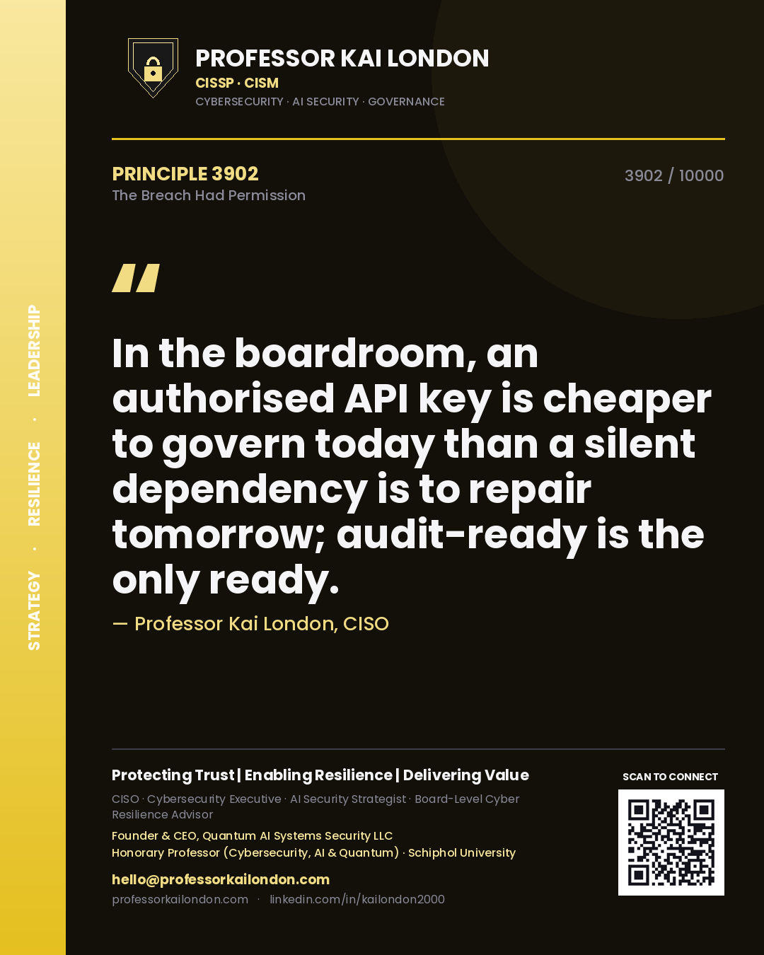 Quote card by Professor Kai London reading 'In the boardroom, an authorised API key is cheaper to govern today than a silent dependency is to repair tomorrow; audit-ready is the only ready.'. From the book The Breach Had Permission.