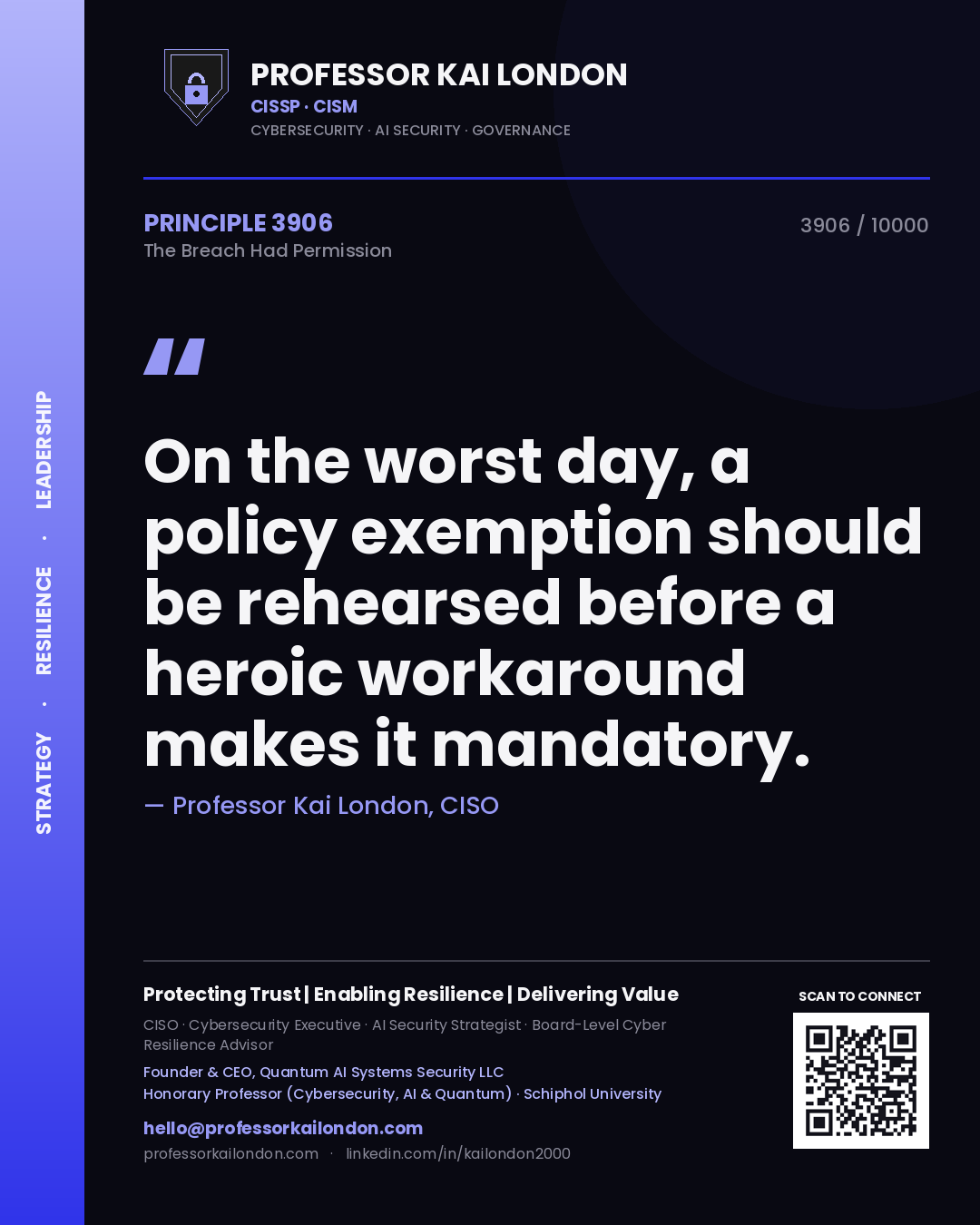Quote card by Professor Kai London reading 'On the worst day, a policy exemption should be rehearsed before a heroic workaround makes it mandatory.'. From the book The Breach Had Permission.
