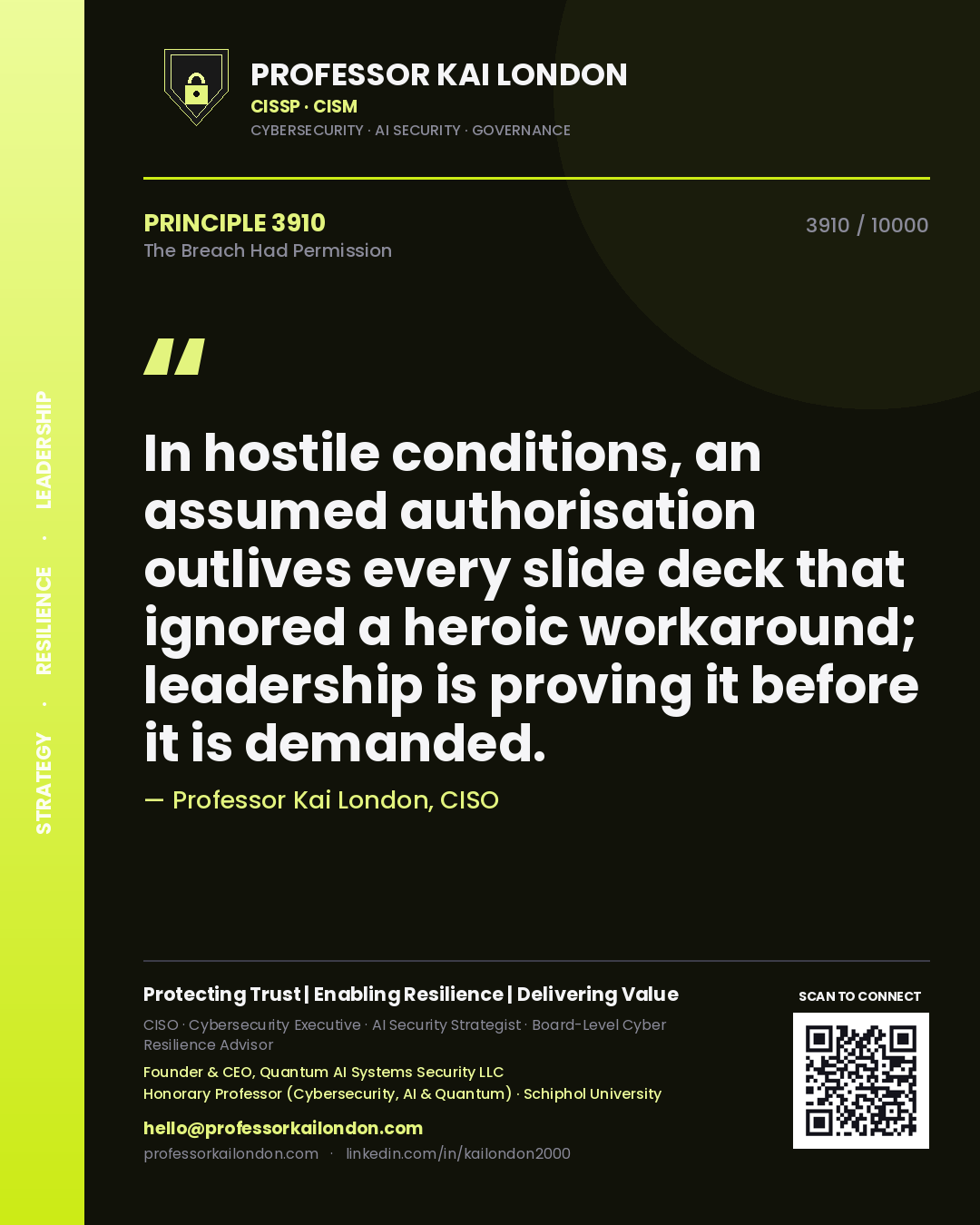 Professor Kai London principle 3910: In hostile conditions, an assumed authorisation outlives every slide deck that ignored a heroic workaround; leadership is proving it before it is demanded.
