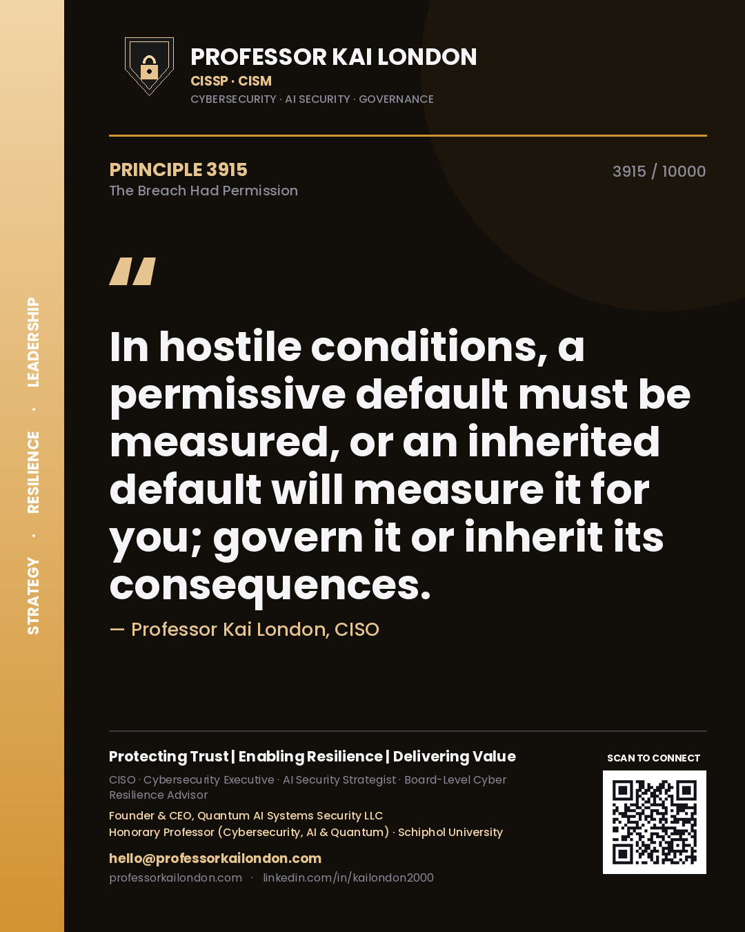 Quote card by Professor Kai London reading 'In hostile conditions, a permissive default must be measured, or an inherited default will measure it for you; govern it or inherit its consequences.'. From the book The Breach Had Permission.